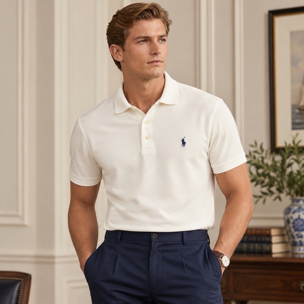 Polo Ralph Lauren Men's Large Off White Cotton Short Sleeve Polo Shirt Pony Logo